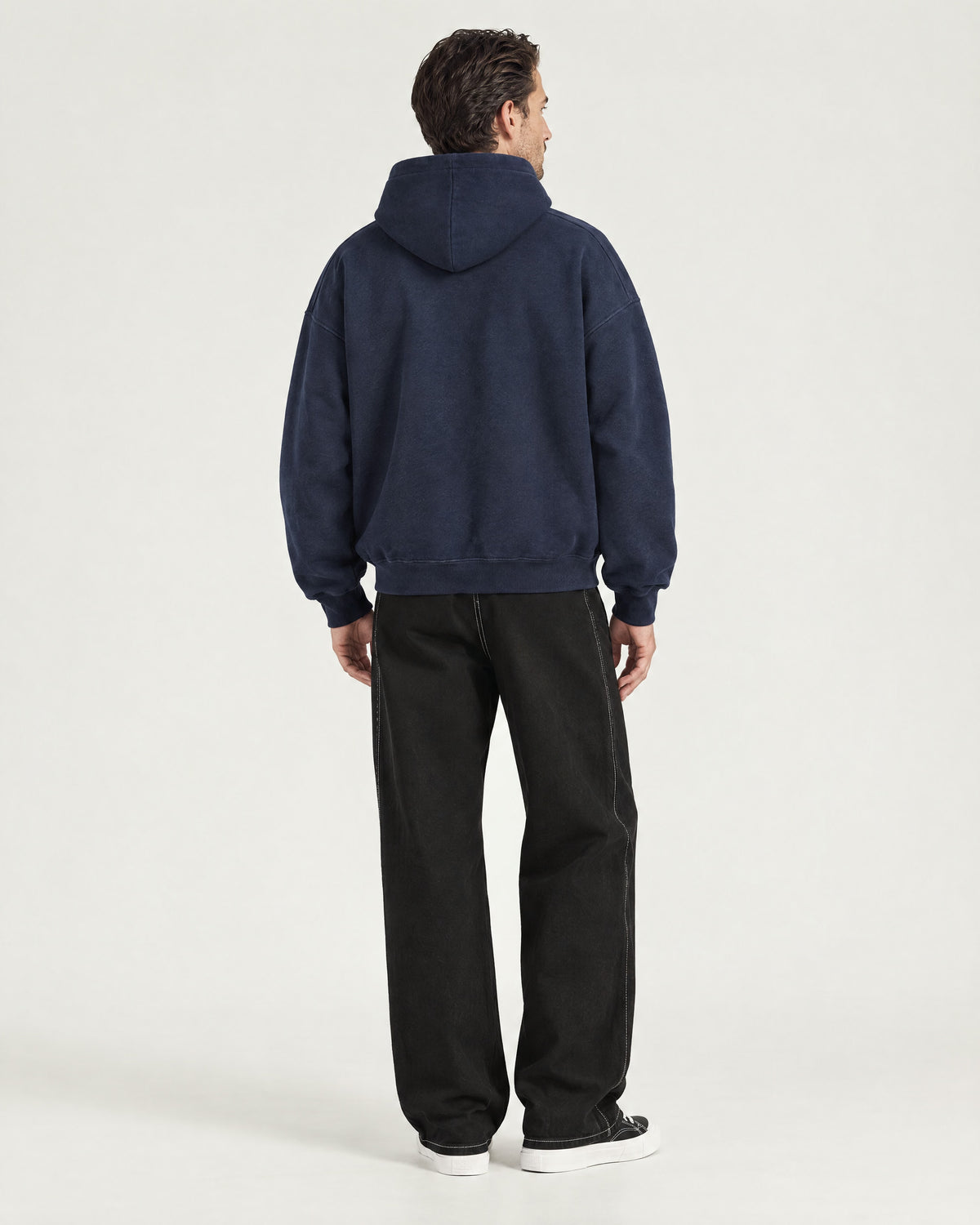 Romimi Heavyweight Hoodie in Navy, back view, worn