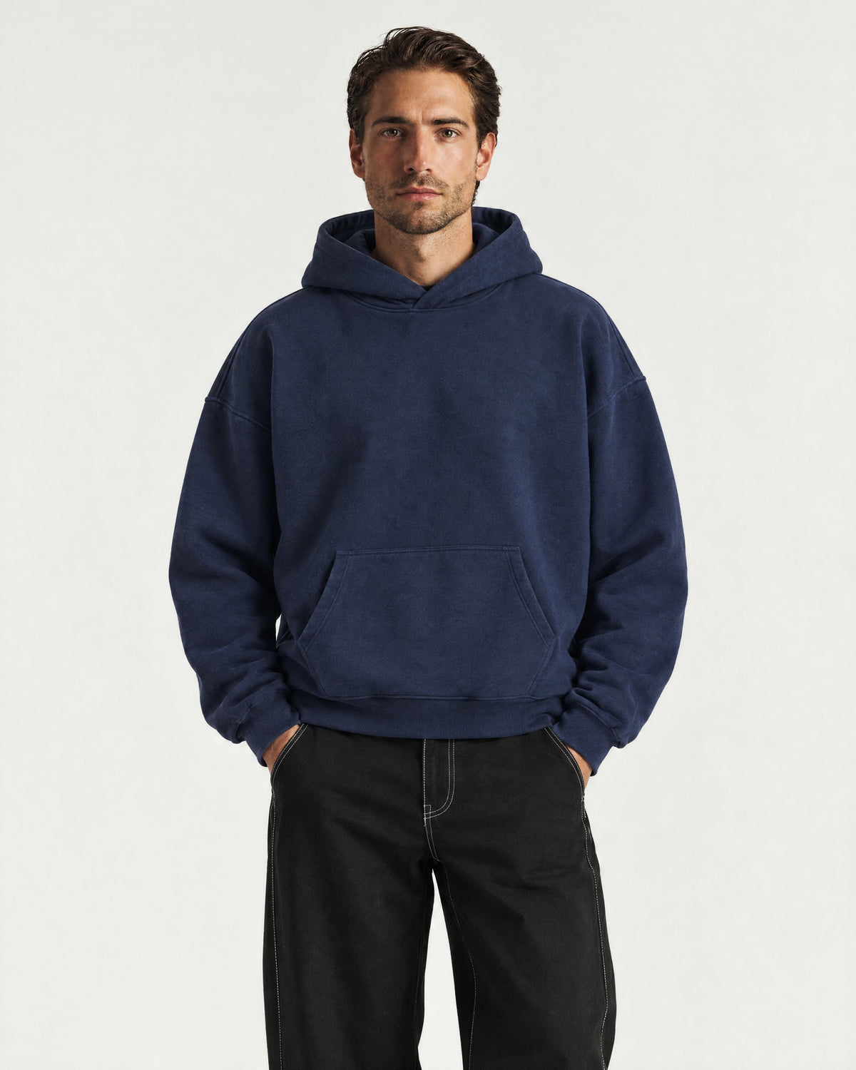 Romimi Heavyweight Hoodie in Navy, worn