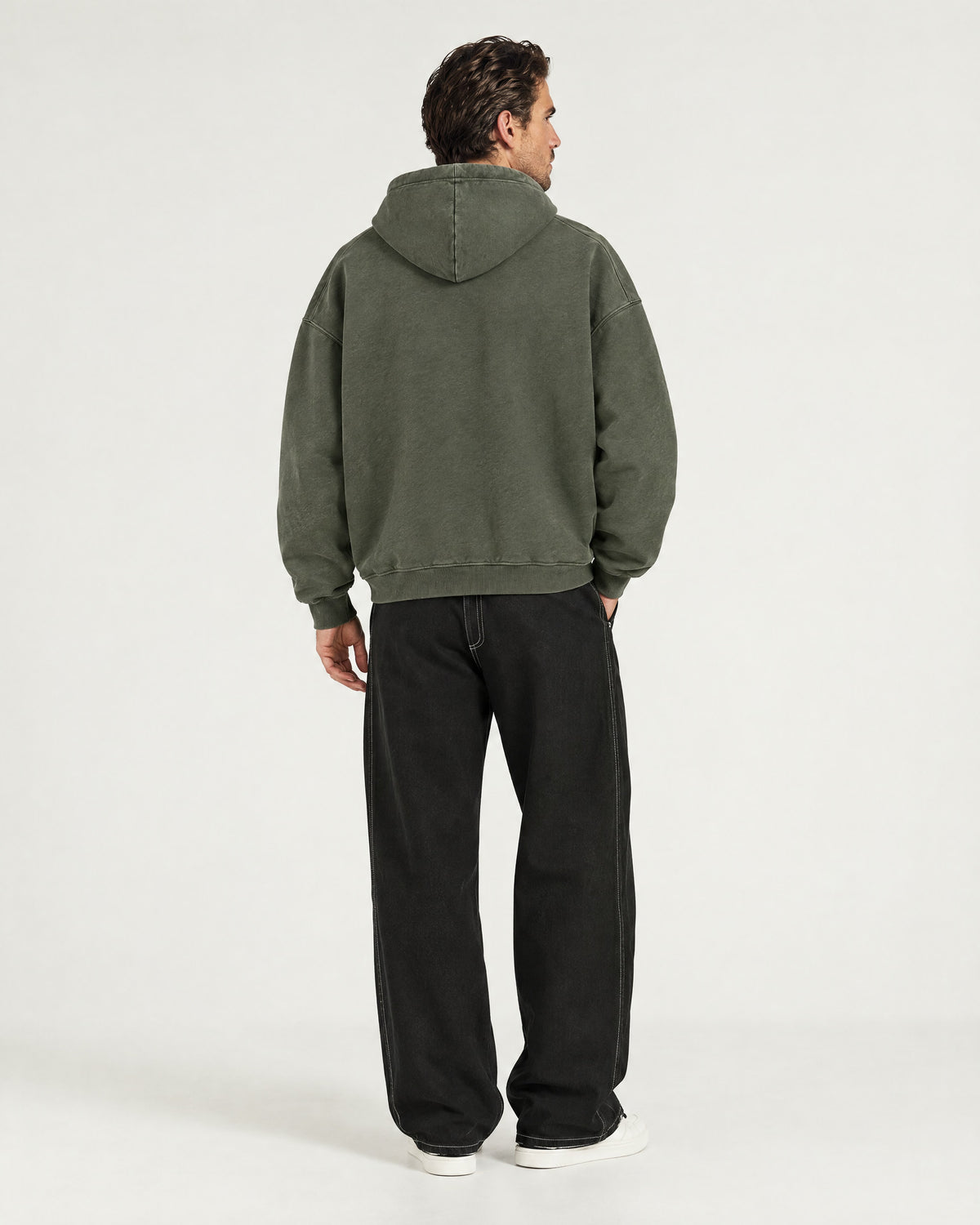 Romimi Heavyweight Hoodie in Olive, back view, worn