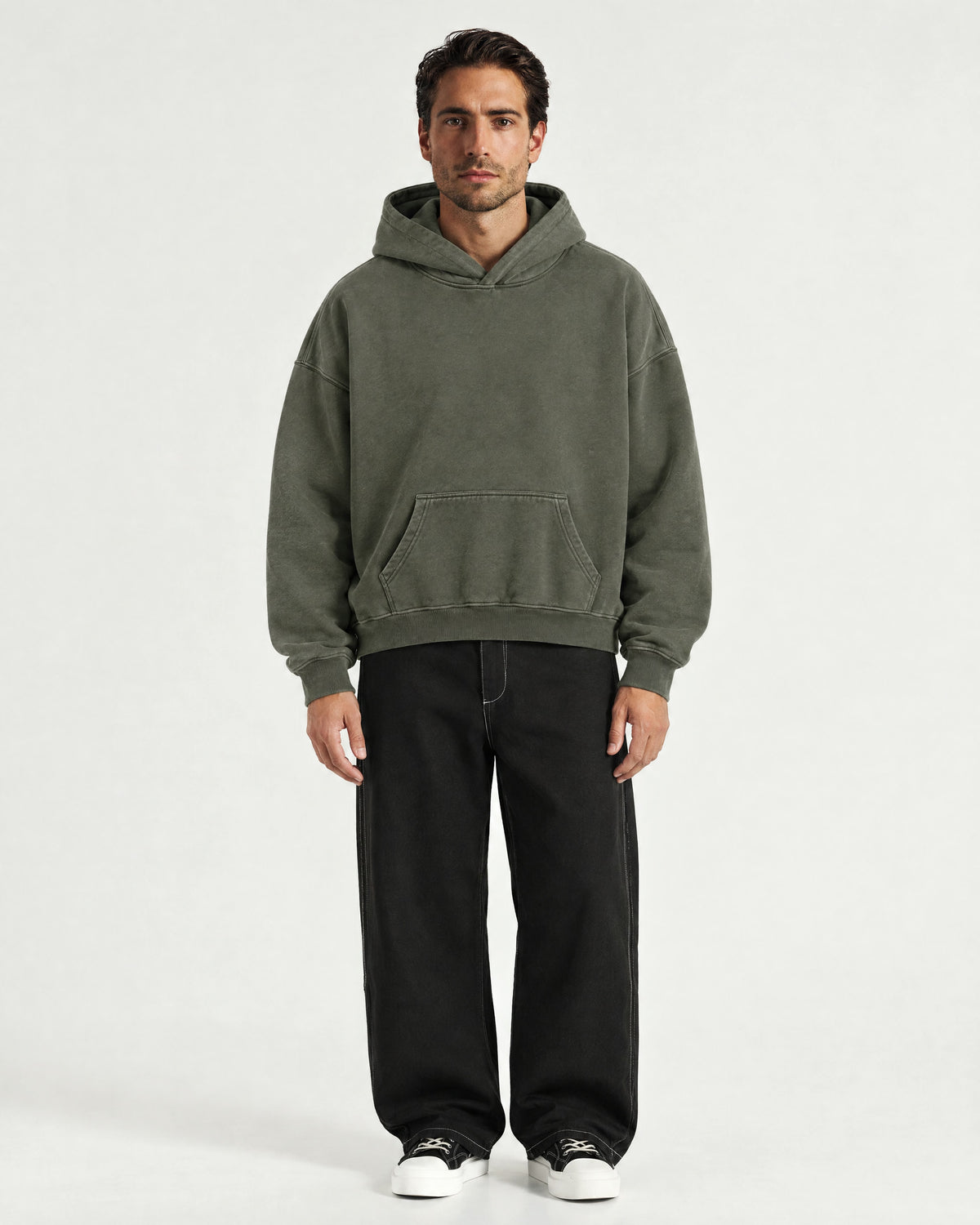 Romimi Heavyweight Hoodie in Olive, worn