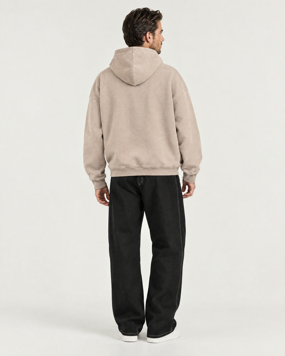 Romimi Heavyweight Hoodie in Sand, back view, worn