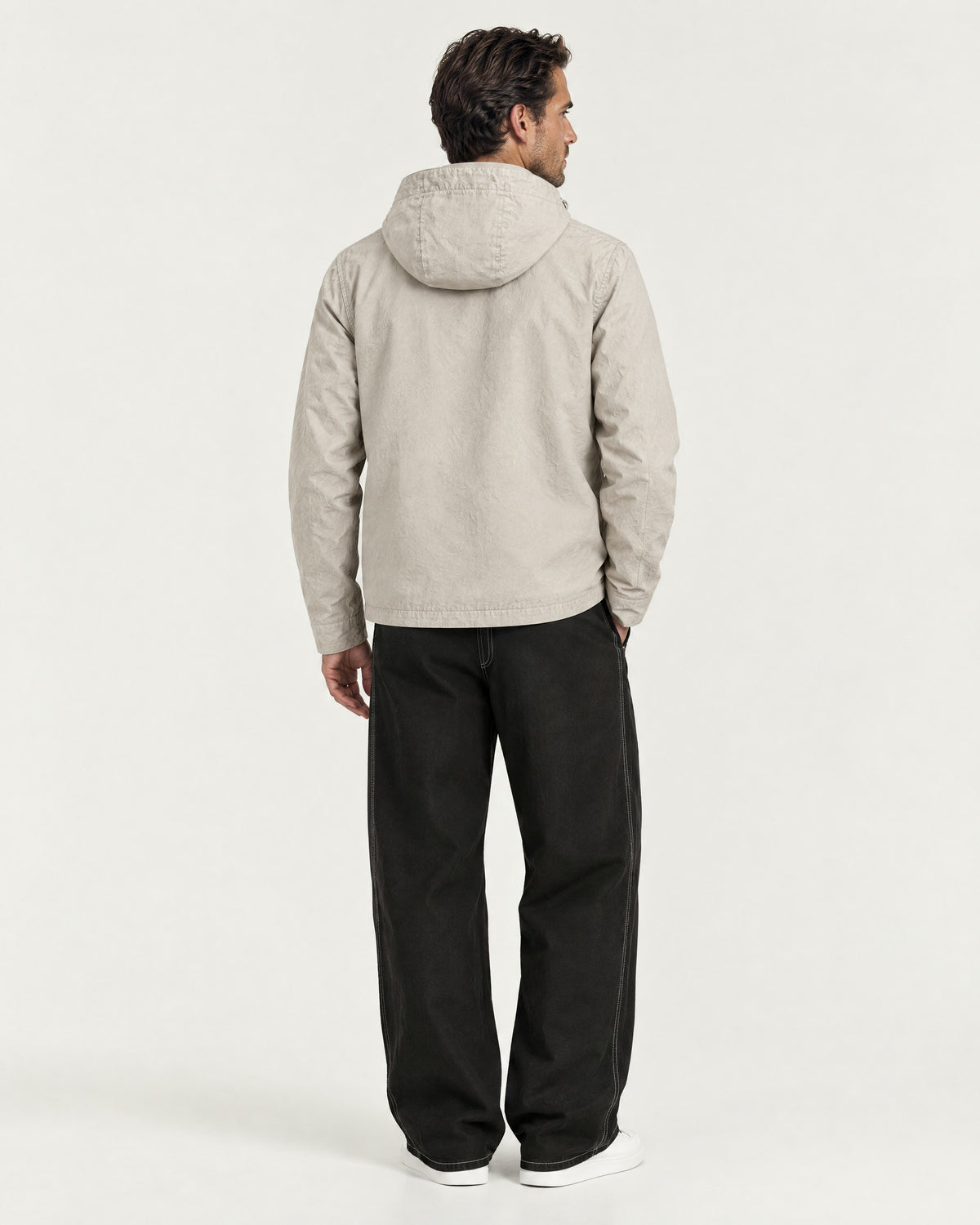 Romimi Hooded Tech Jacket in Beige, back view, worn