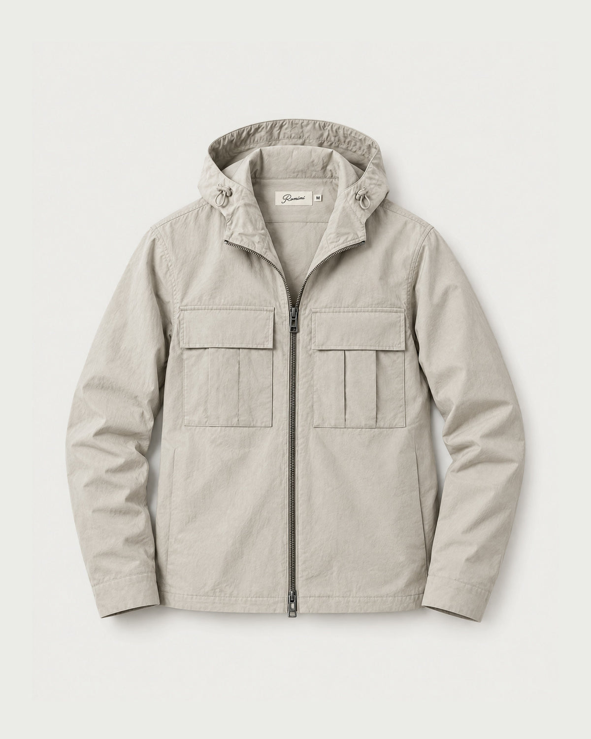 Romimi Hooded Tech Jacket in Beige, front view