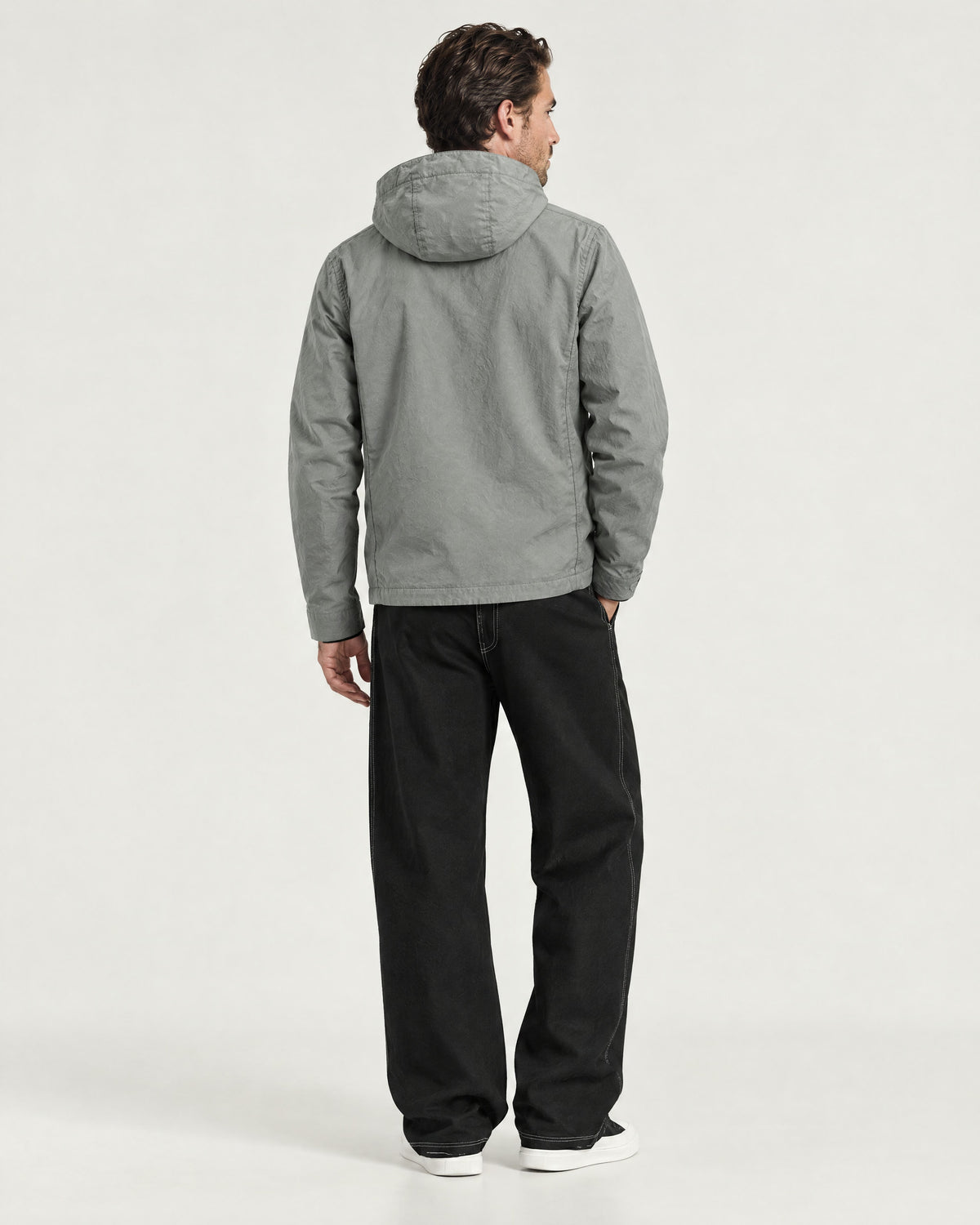 Romimi Hooded Tech Jacket in Sage Grey, back view, worn