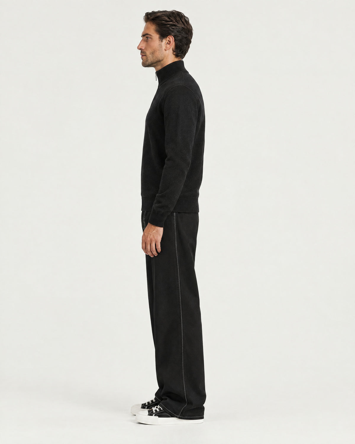 Romimi Knit Half-Zip in Black, side view, worn
