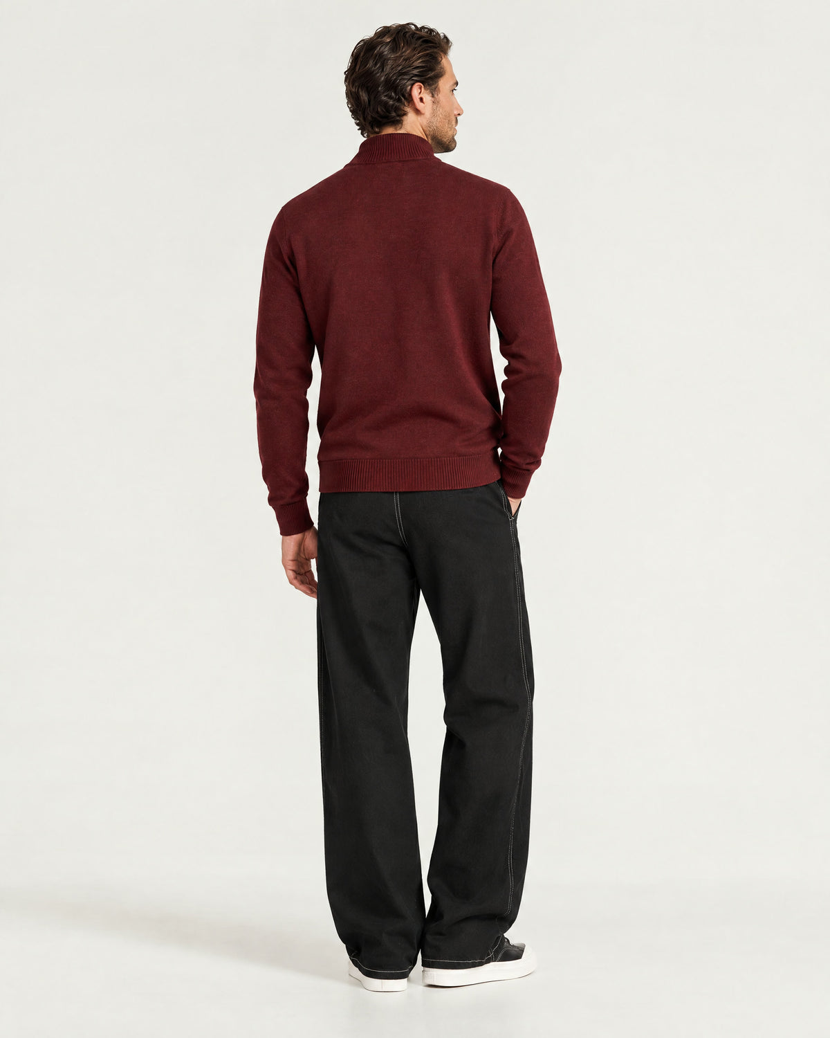 Romimi Knit Half-Zip in Burgundy, back view, worn