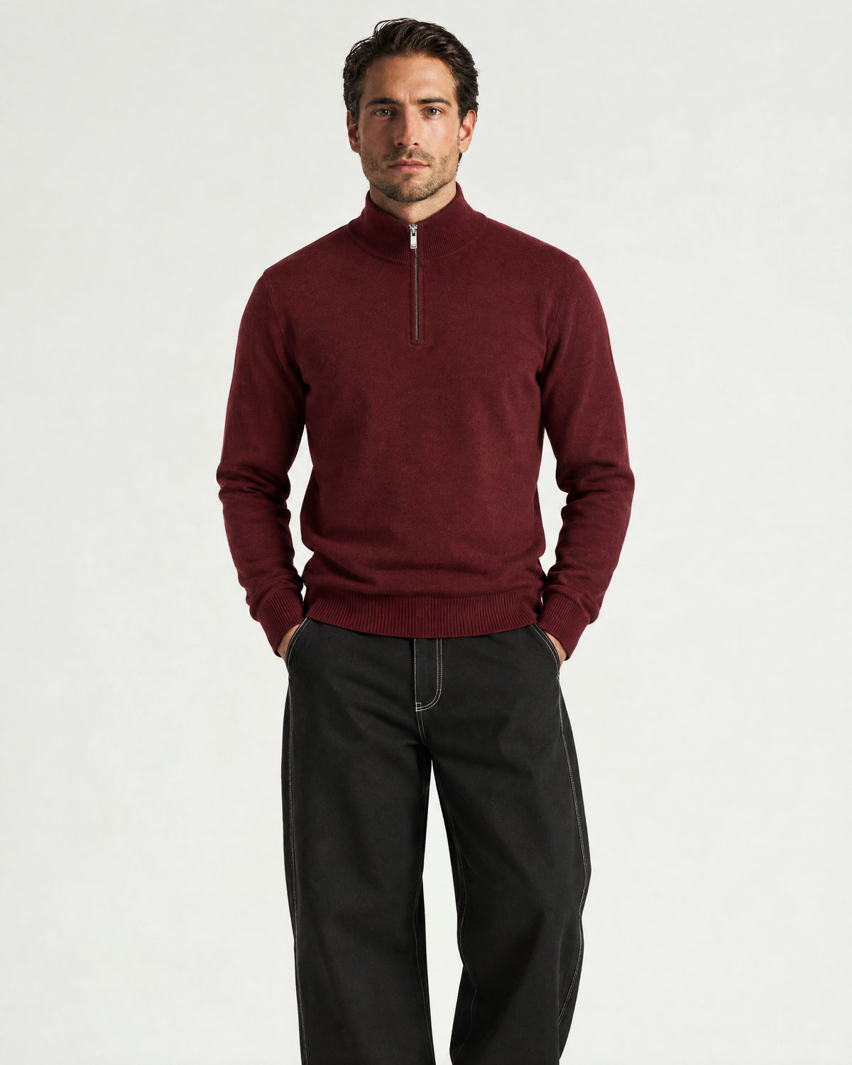 Romimi Knit Half-Zip in Burgundy, worn
