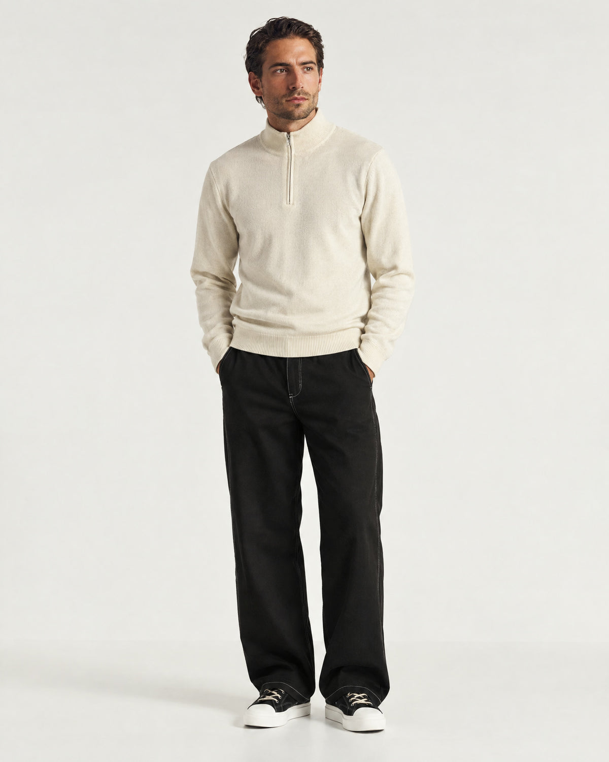 Romimi Knit Half-Zip in Cream, full length, worn