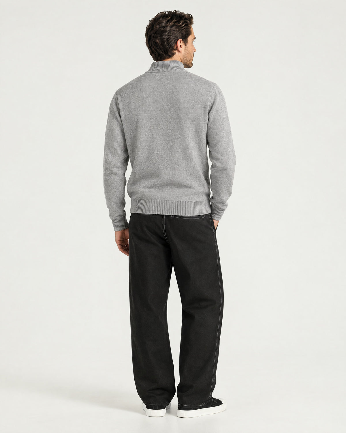 Romimi Knit Half-Zip in Grey Melange, back view, worn