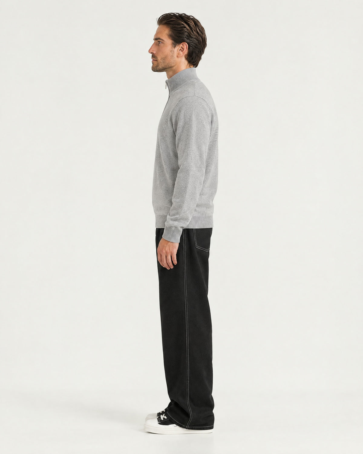 Romimi Knit Half-Zip in Grey Melange, side view, worn