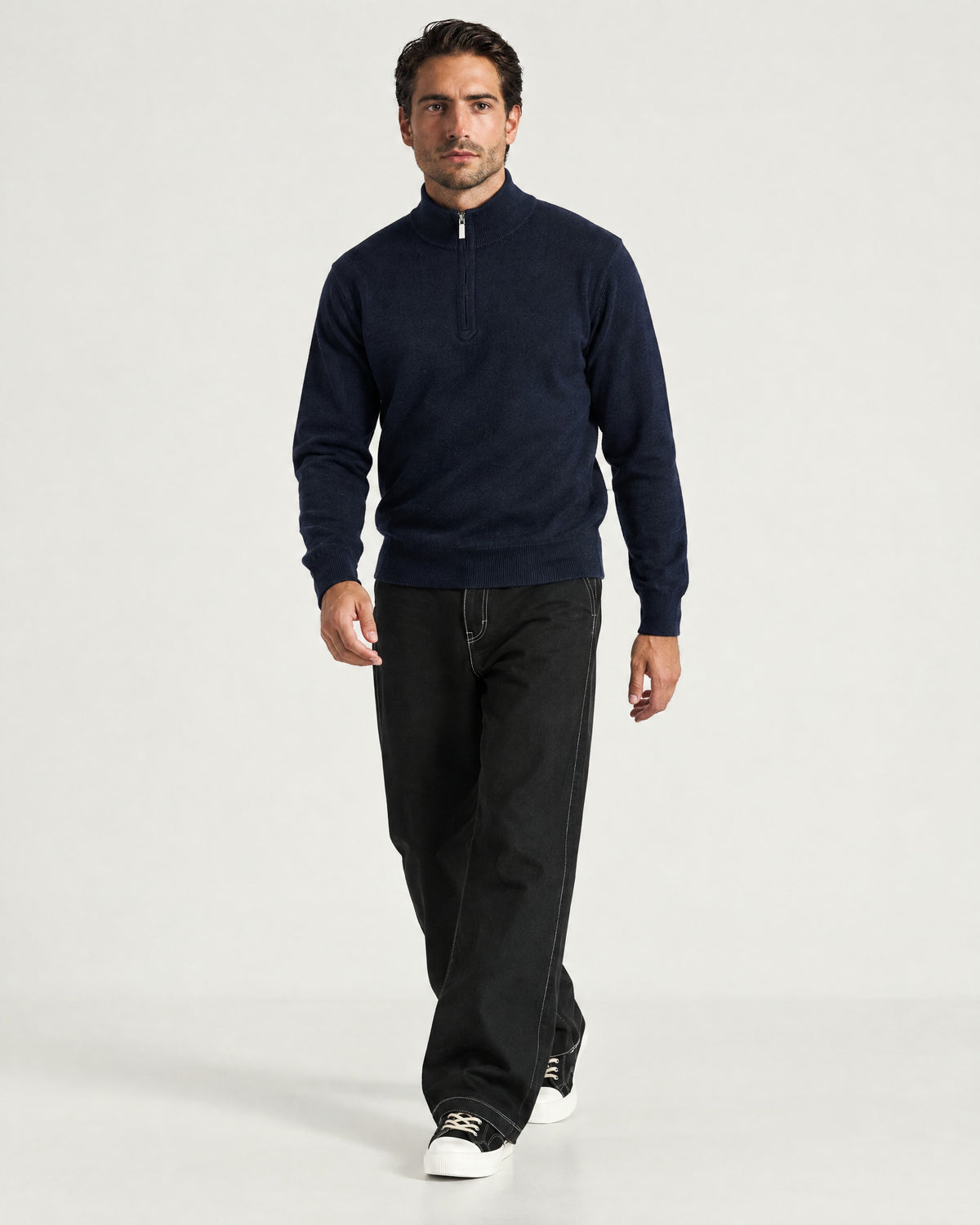 Romimi Knit Half-Zip in Navy, full length, worn