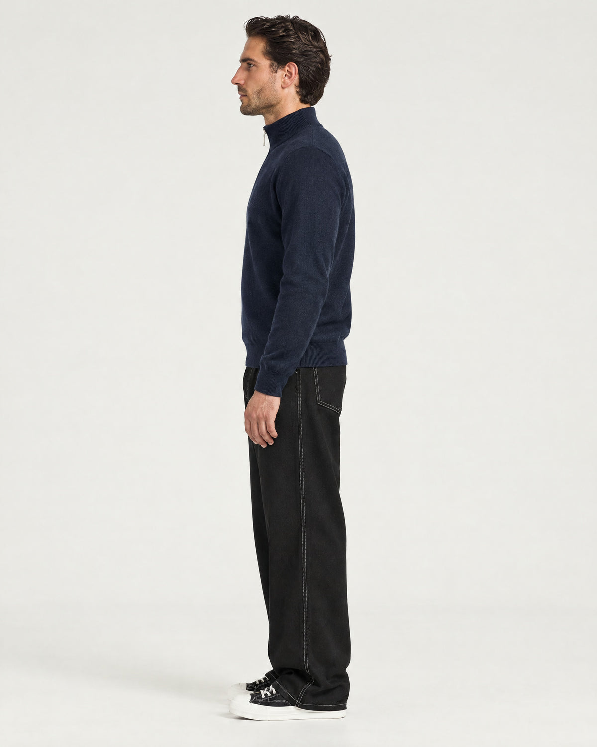 Romimi Knit Half-Zip in Navy, side view, worn