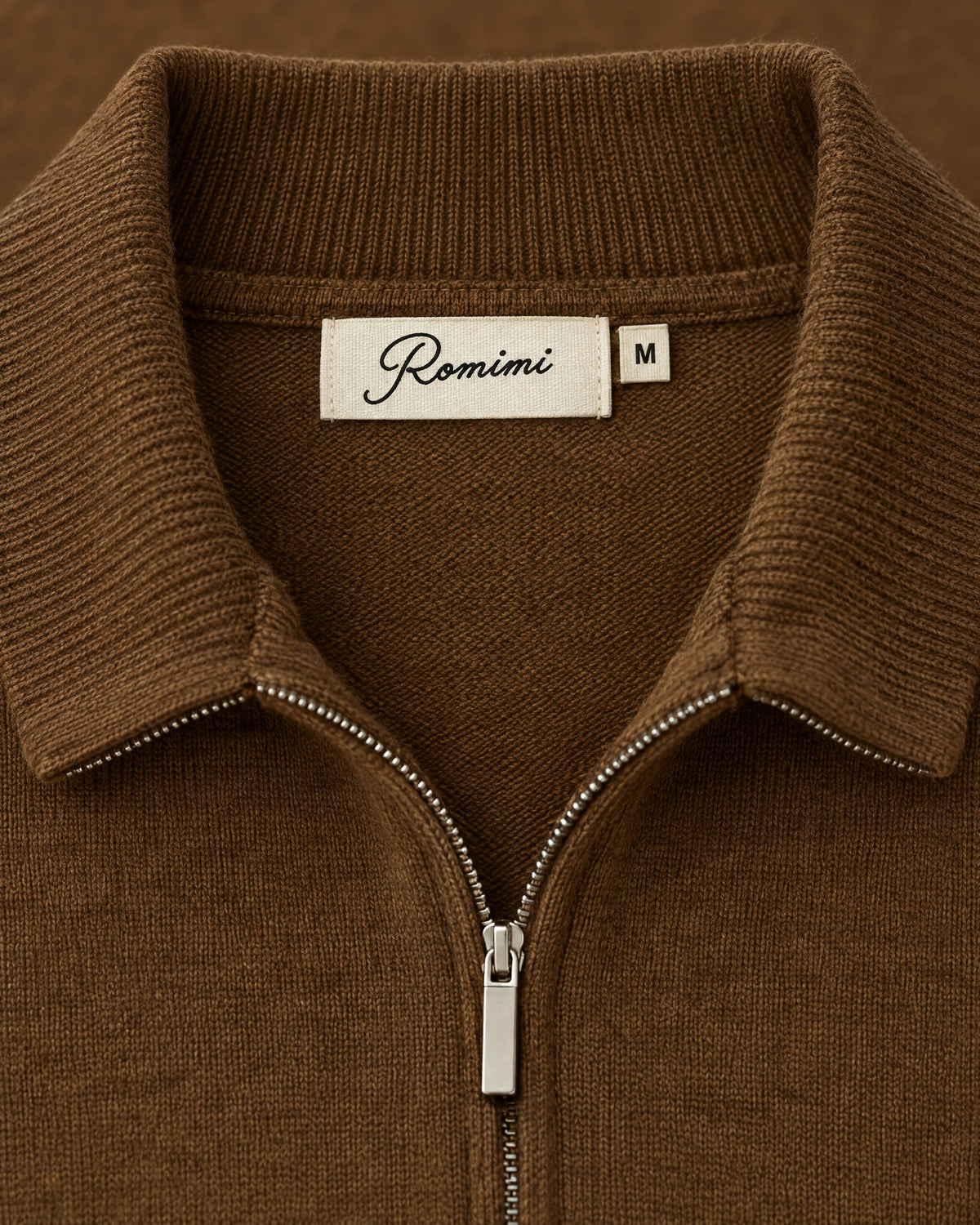 Romimi Knit Half-Zip in Tobacco, label close-up
