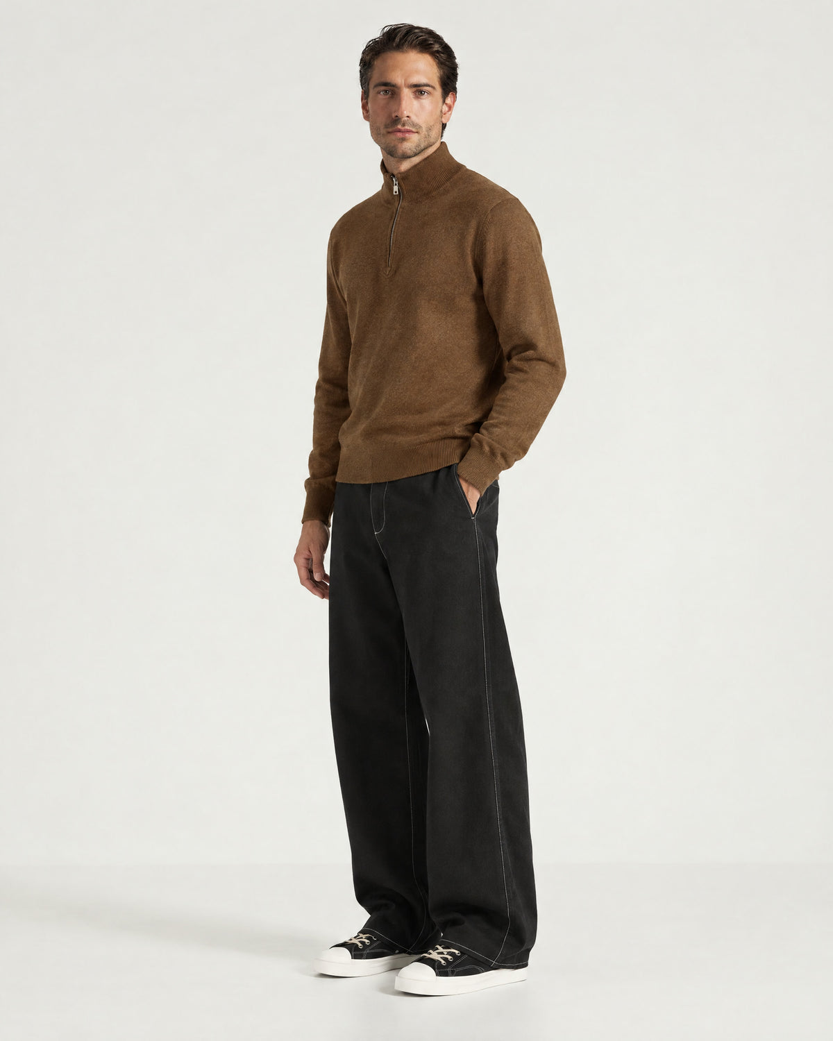 Romimi Knit Half-Zip in Tobacco, full length, worn