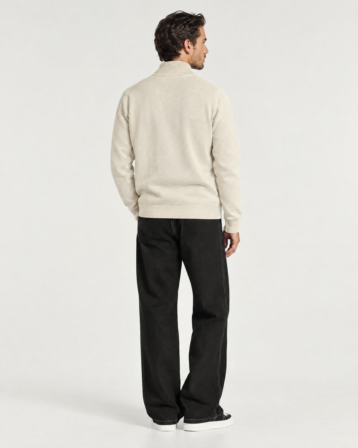 Romimi Knit Zip Cardigan in Cream, back view, worn