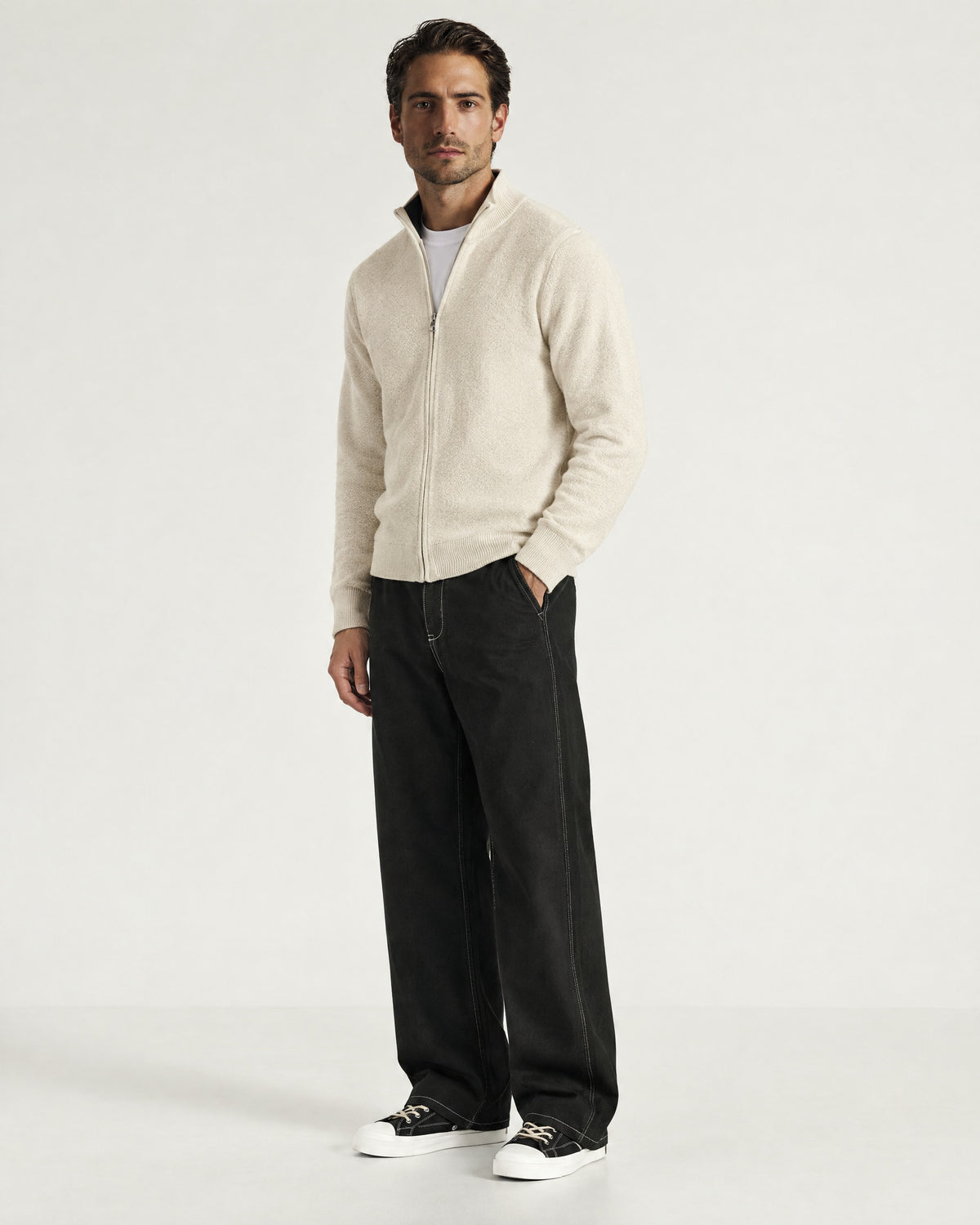 Romimi Knit Zip Cardigan in Cream, full length, worn