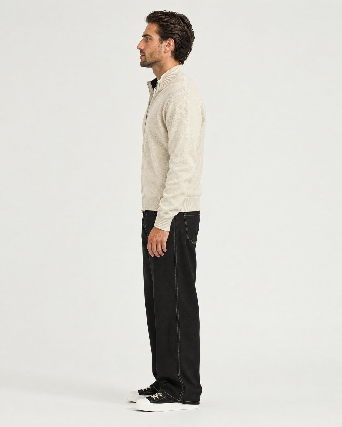 Romimi Knit Zip Cardigan in Cream, side view, worn