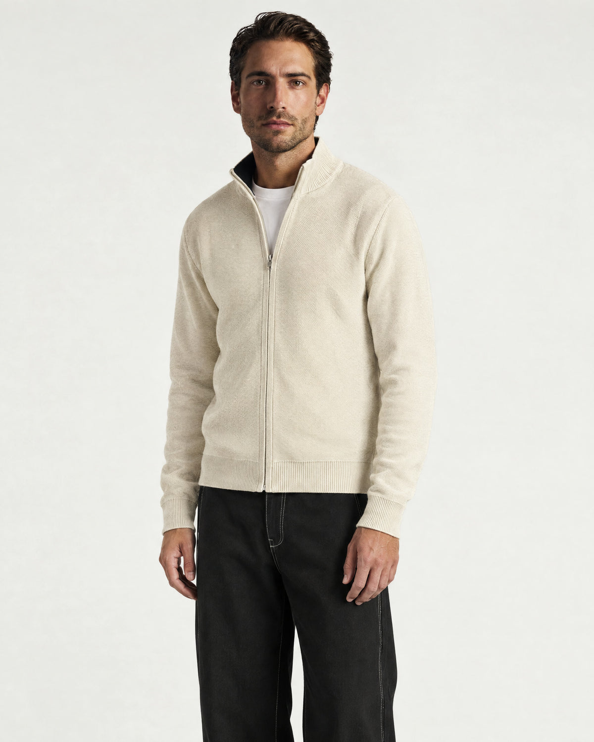 Romimi Knit Zip Cardigan in Cream, worn