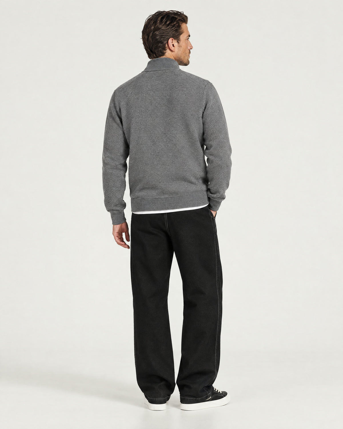 Romimi Knit Zip Cardigan in Grey Melange, back view, worn