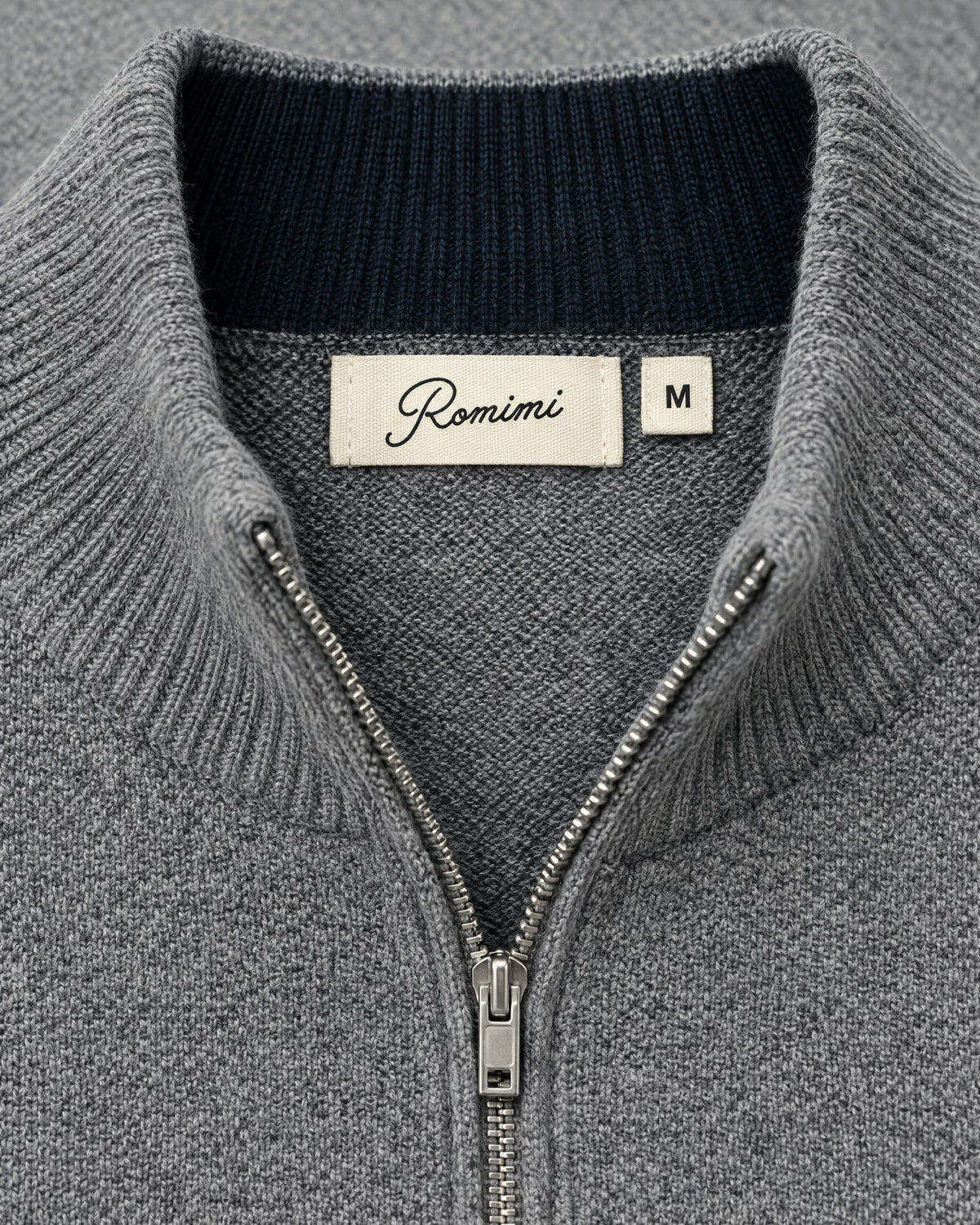 Romimi Knit Zip Cardigan in Grey Melange, label close-up