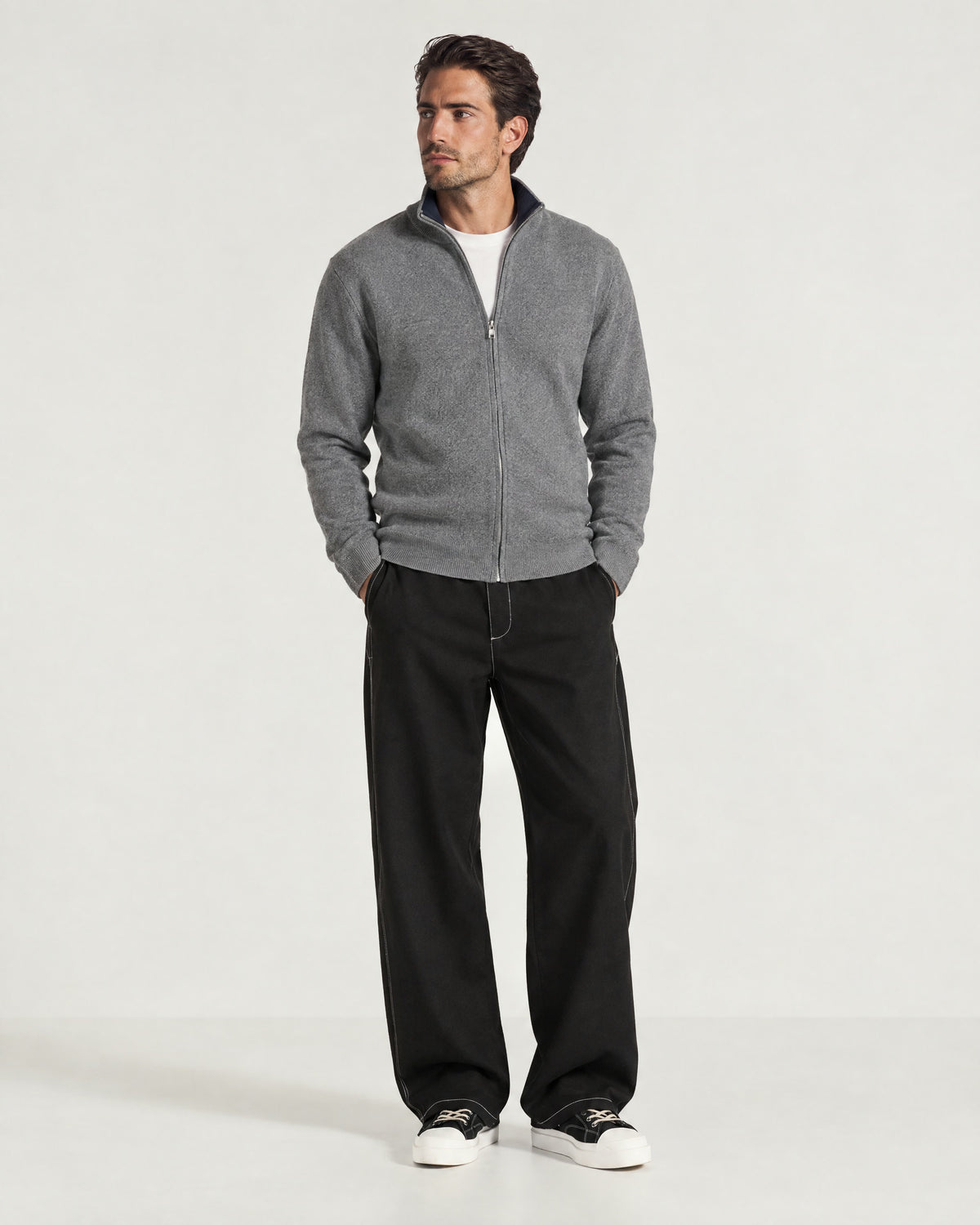 Romimi Knit Zip Cardigan in Grey Melange, full length, worn