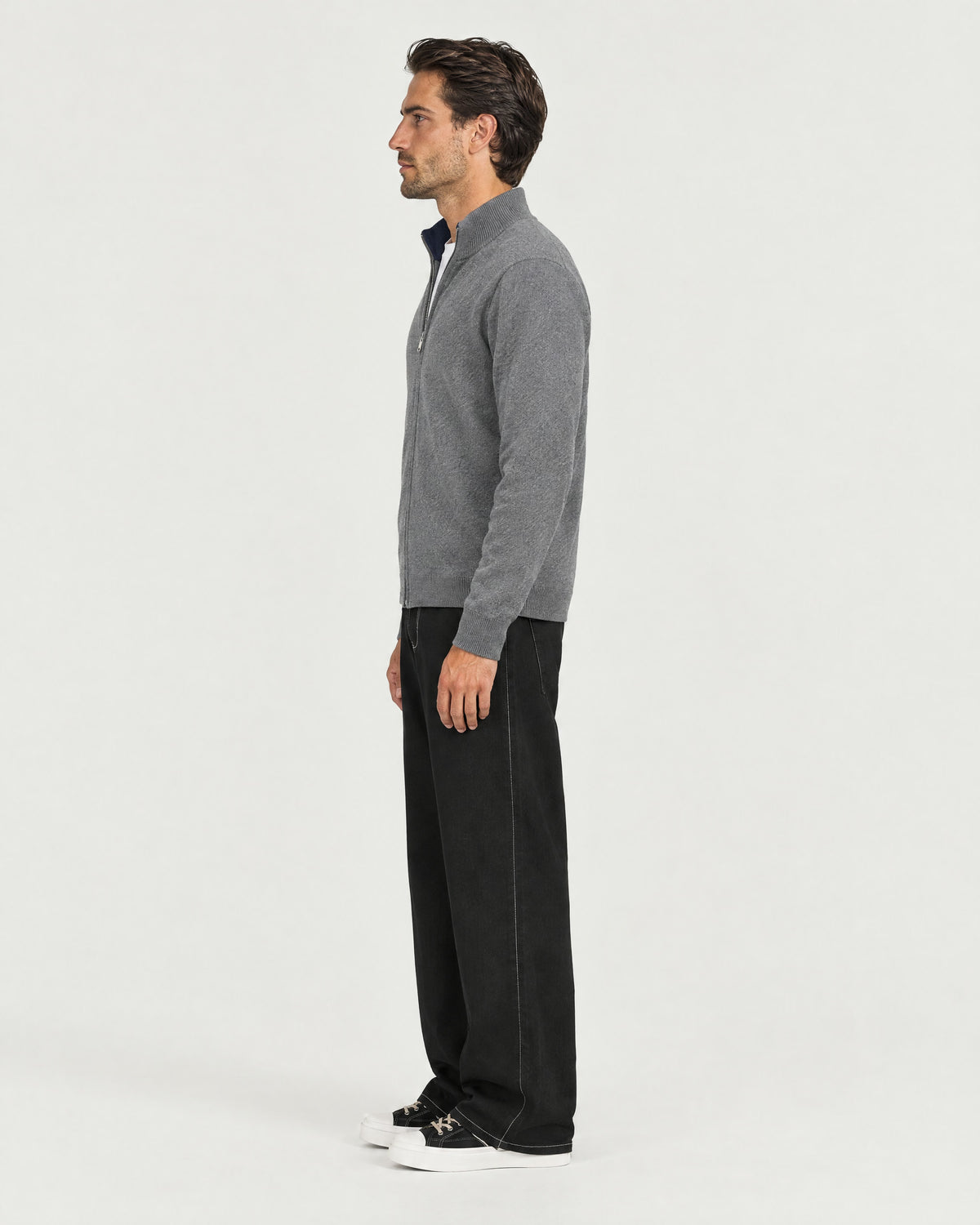 Romimi Knit Zip Cardigan in Grey Melange, side view, worn