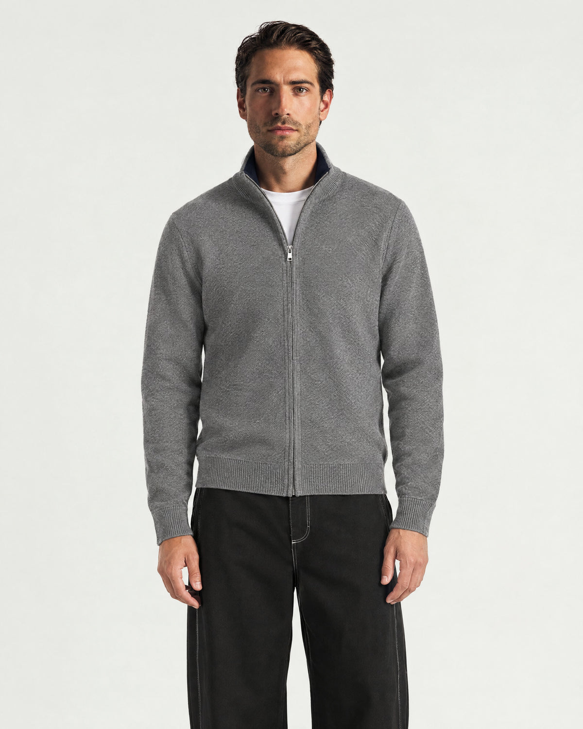 Romimi Knit Zip Cardigan in Grey Melange, worn