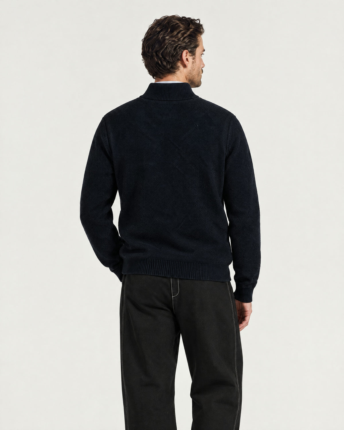 Romimi Knit Zip Cardigan in Navy, back view, worn