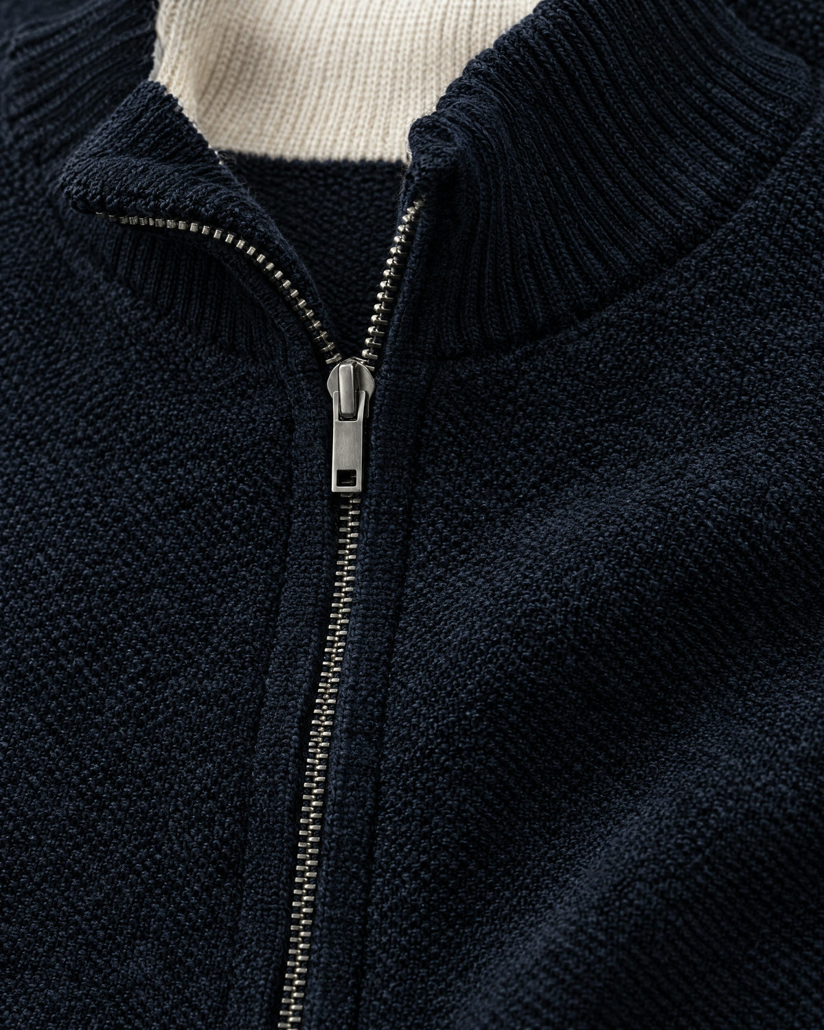 Romimi Knit Zip Cardigan in Navy, fabric close-up