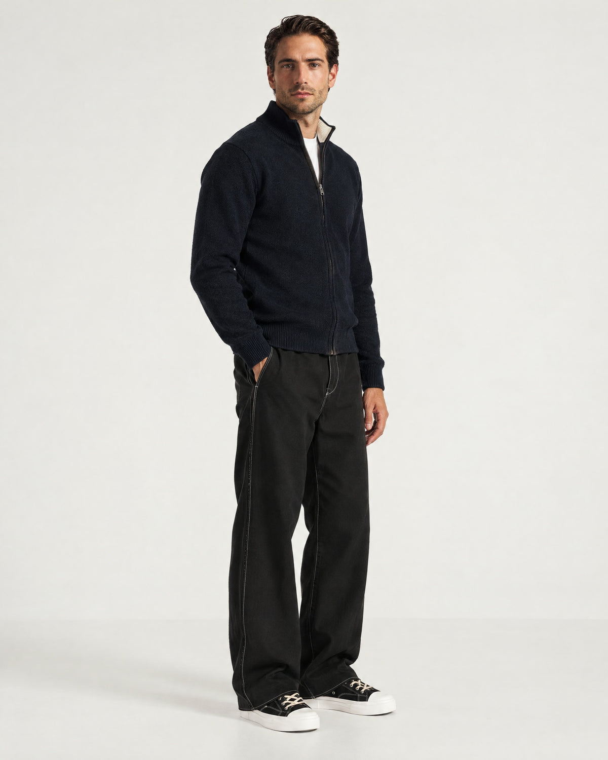 Romimi Knit Zip Cardigan in Navy, full length, worn