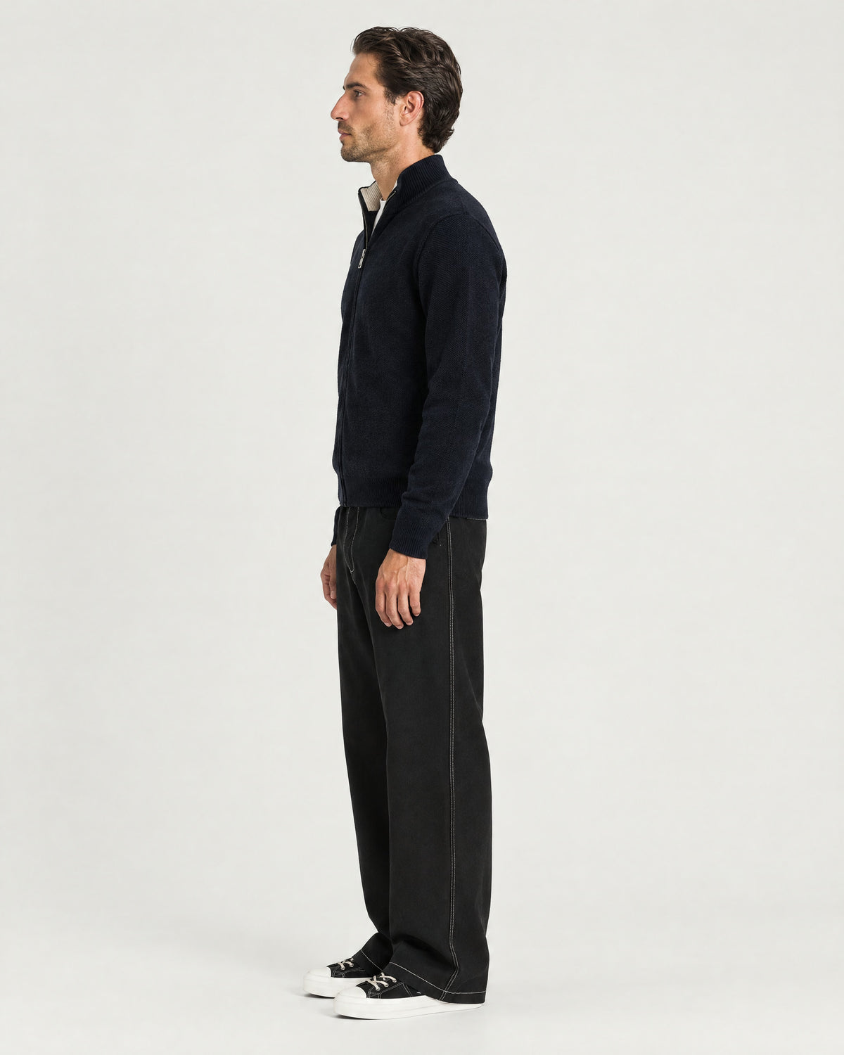 Romimi Knit Zip Cardigan in Navy, side view, worn