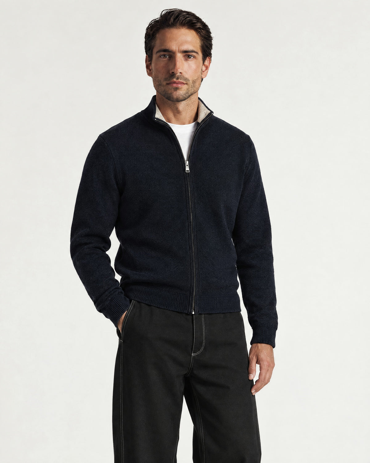 Romimi Knit Zip Cardigan in Navy, worn