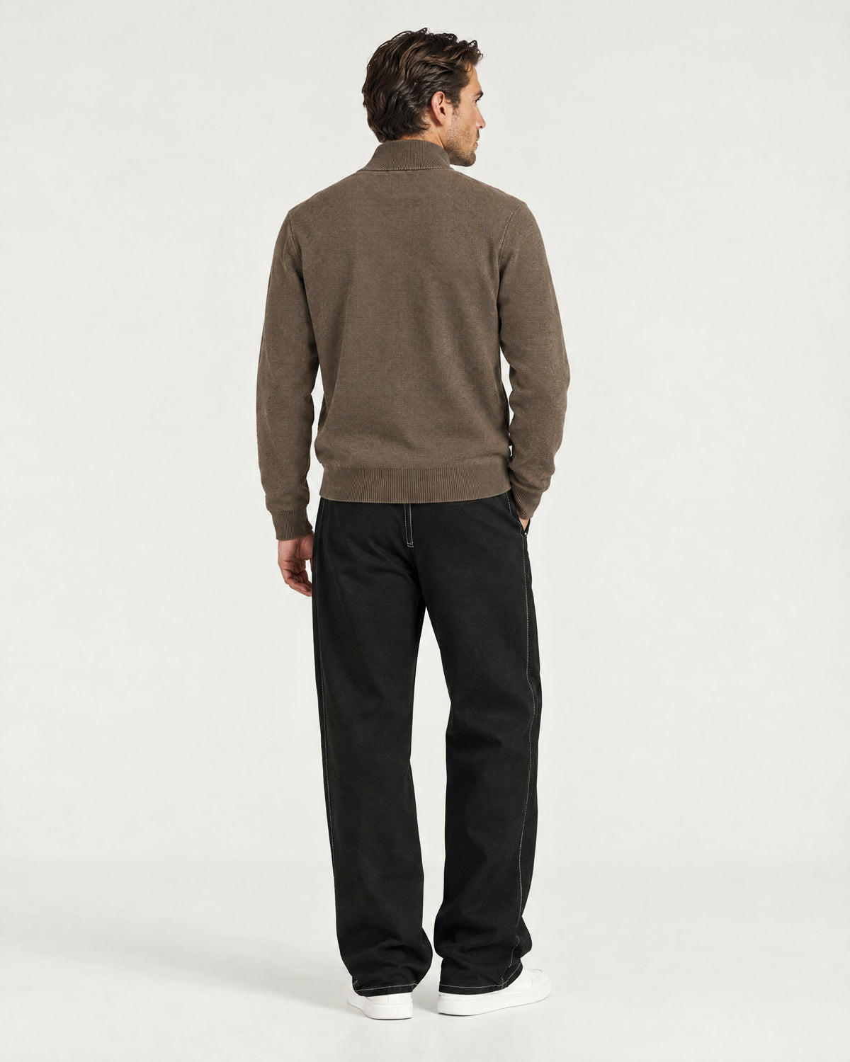 Romimi Knit Zip Cardigan in Taupe, back view, worn