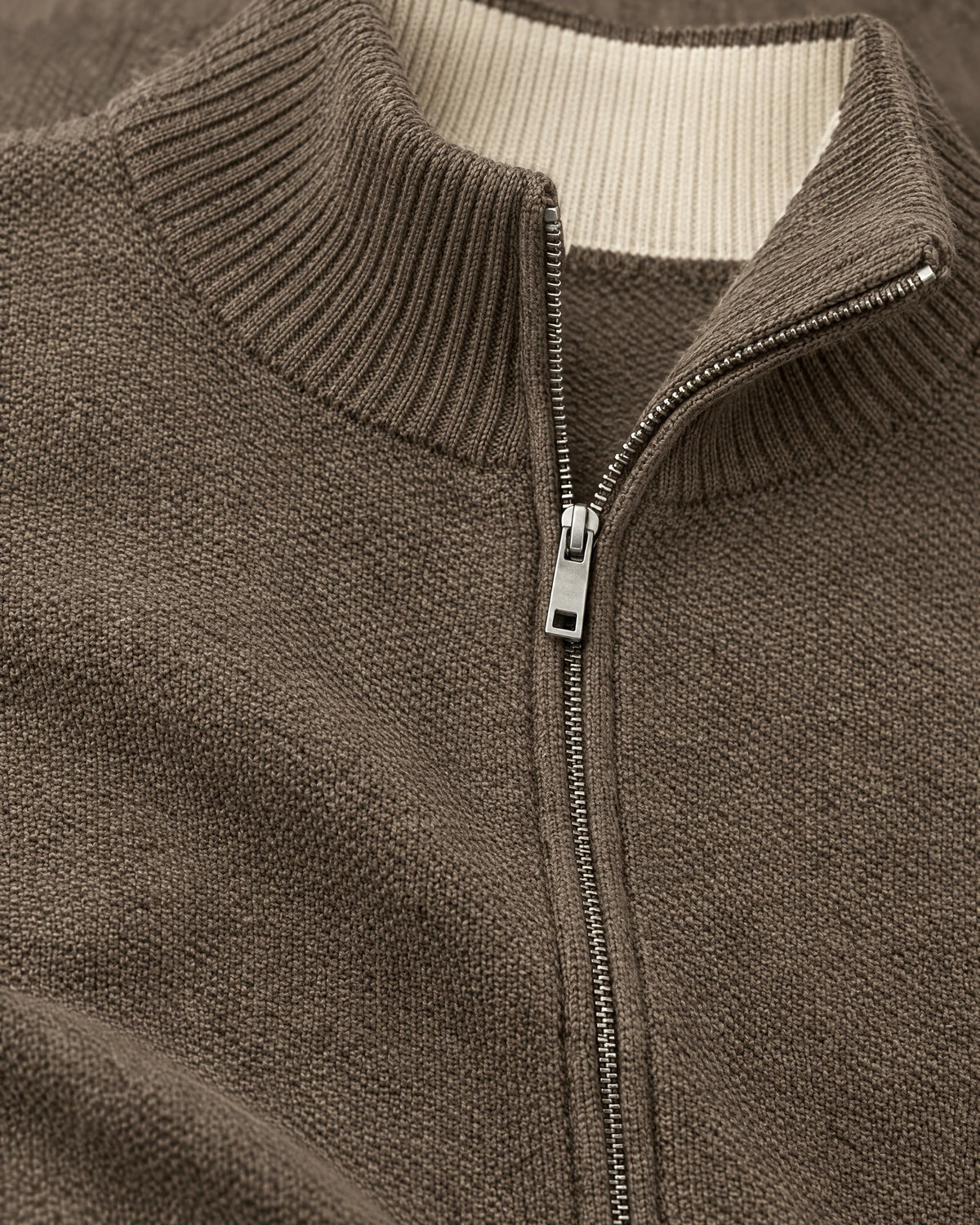 Romimi Knit Zip Cardigan in Taupe, fabric close-up