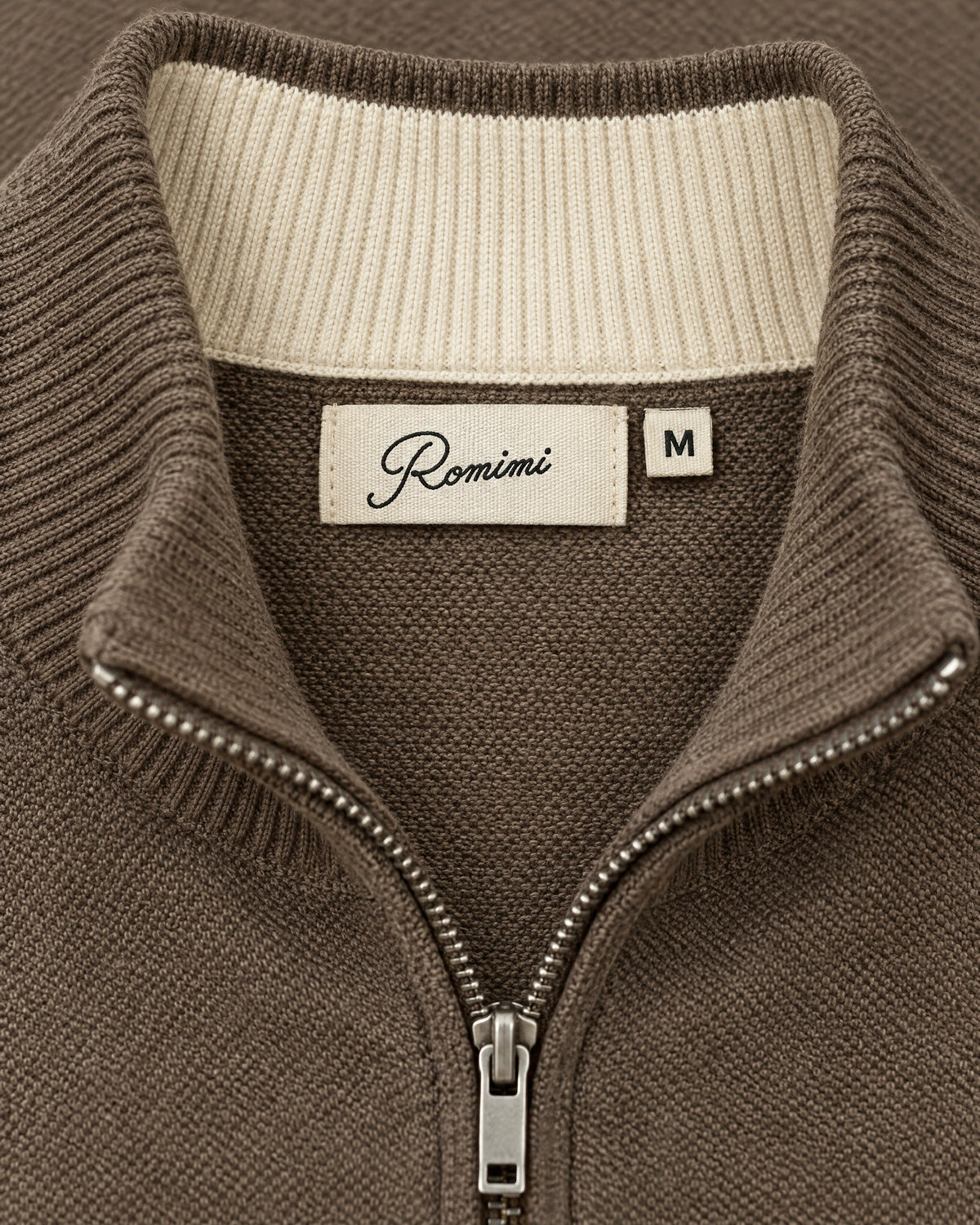 Romimi Knit Zip Cardigan in Taupe, label close-up