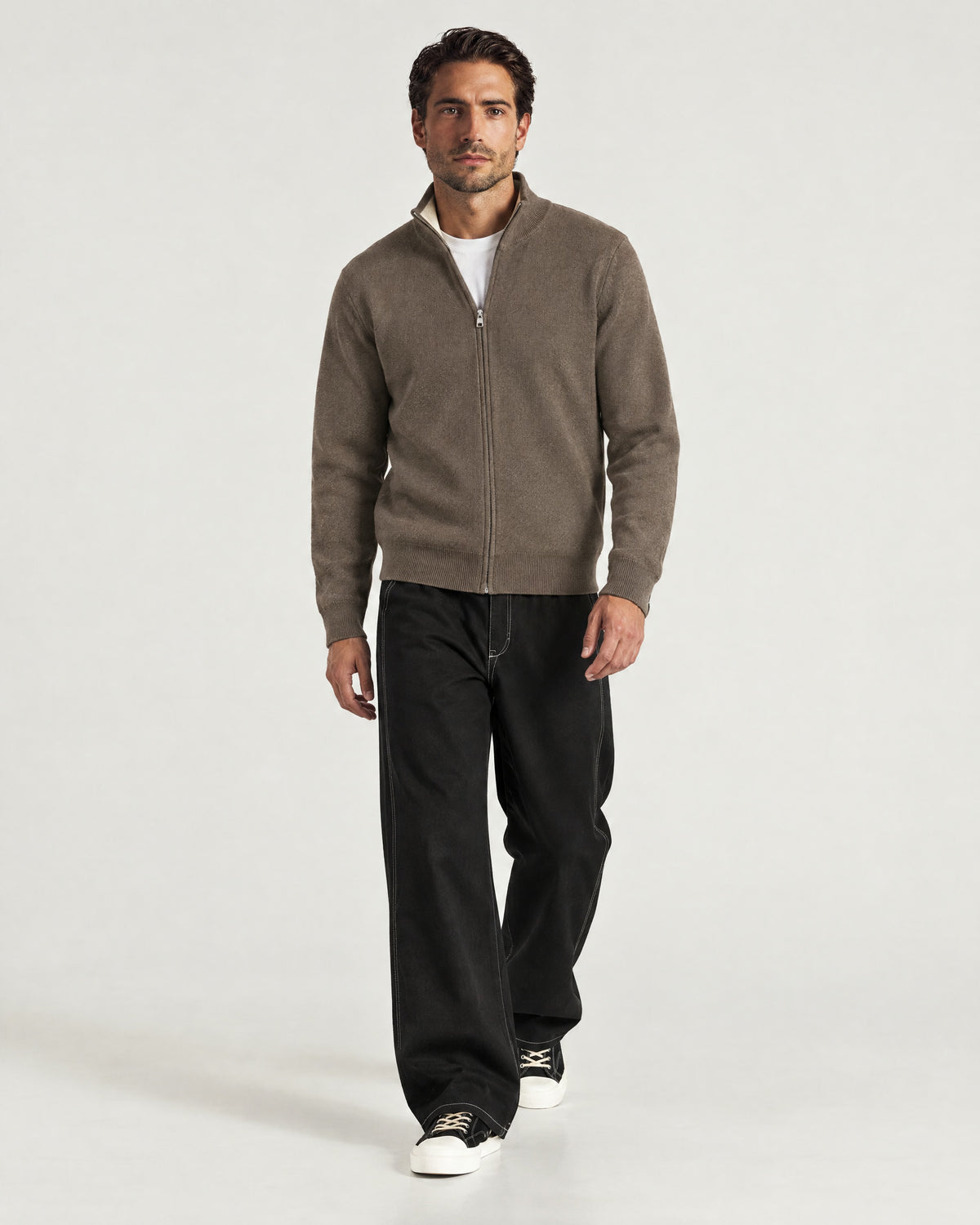 Romimi Knit Zip Cardigan in Taupe, full length, worn