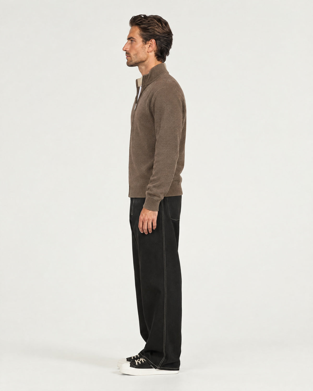 Romimi Knit Zip Cardigan in Taupe, side view, worn