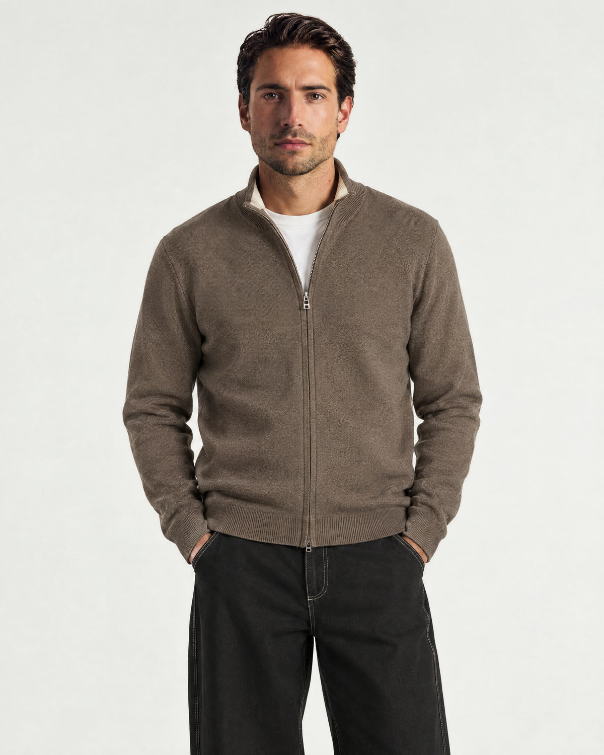 Romimi Knit Zip Cardigan in Taupe, worn