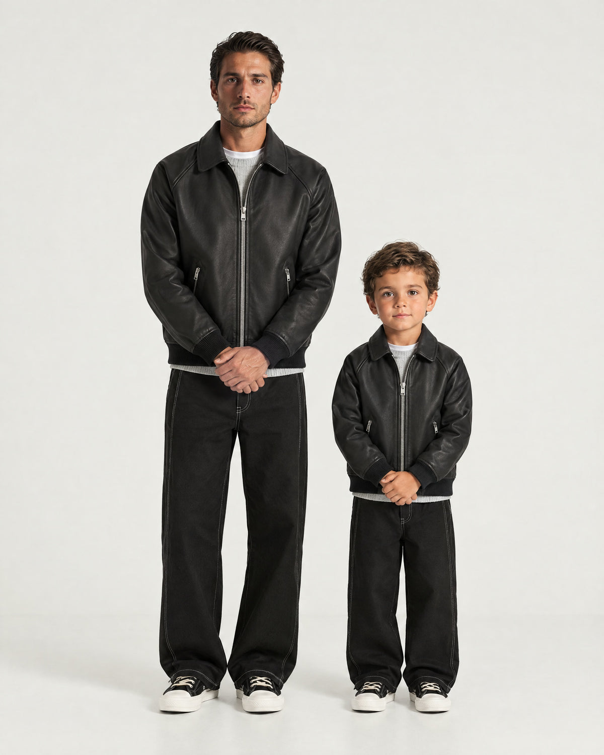 Father and son wearing the Romimi Leather Jacket - Black