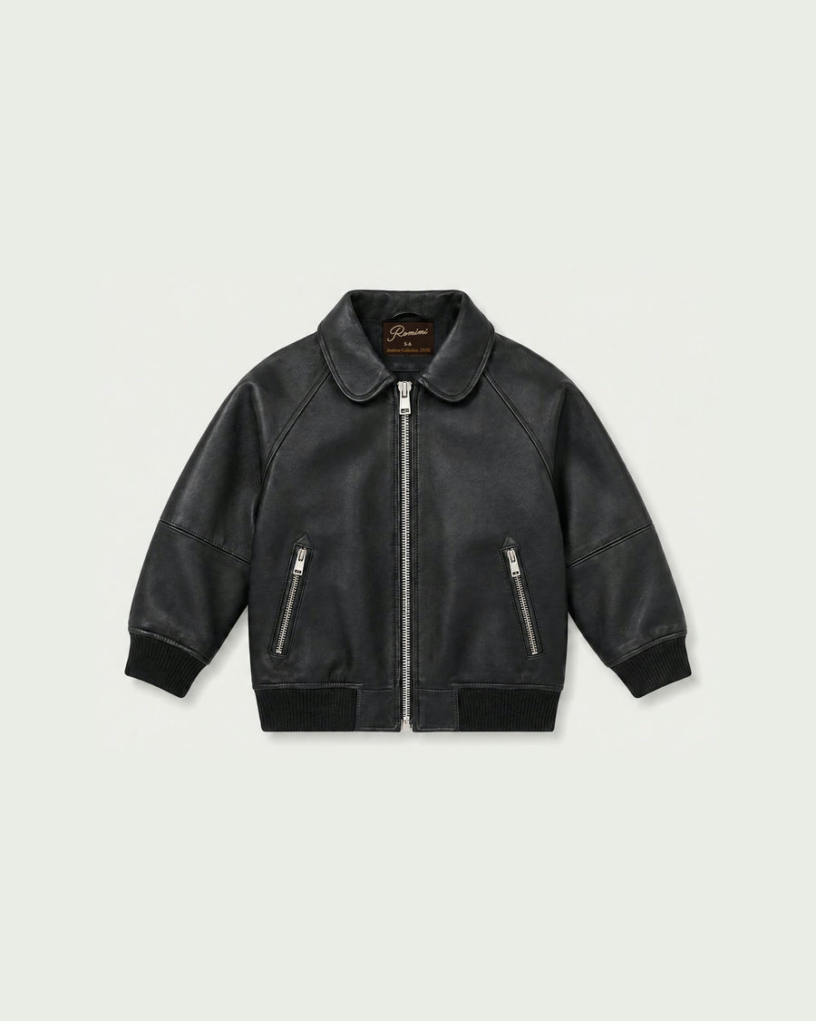 Romimi Leather Jacket - Black for kids, front view