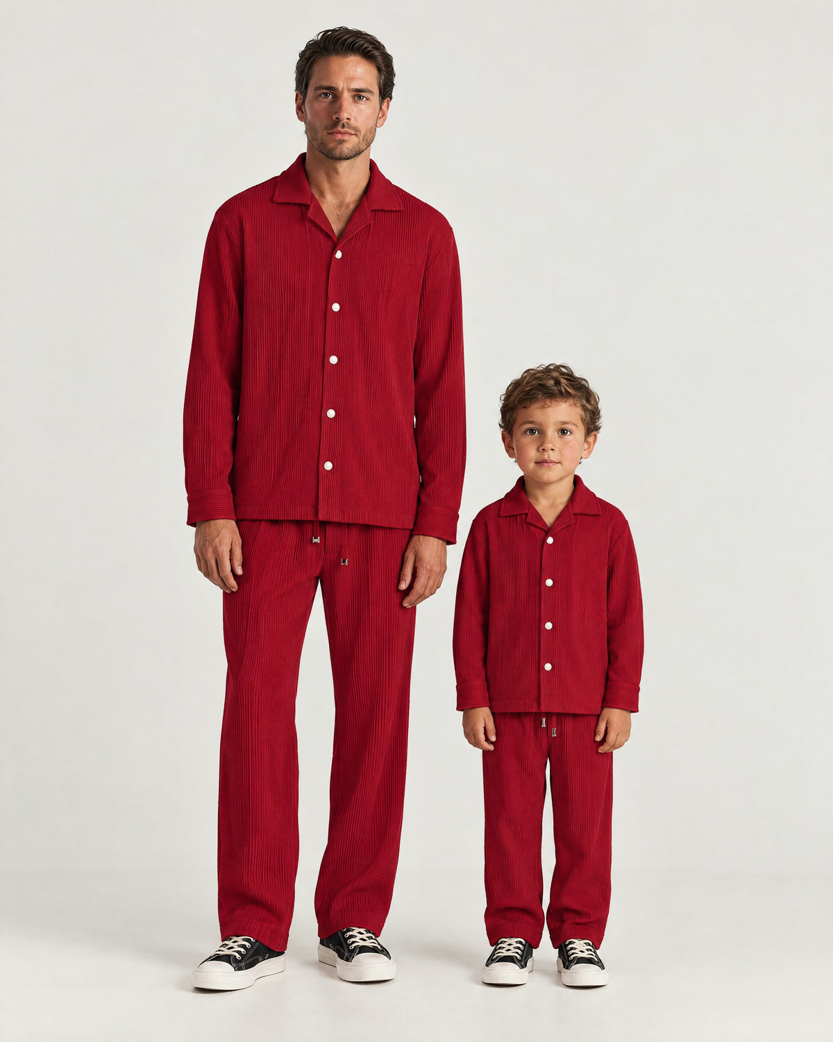 Father and son wearing the Romimi Pleat Shirt