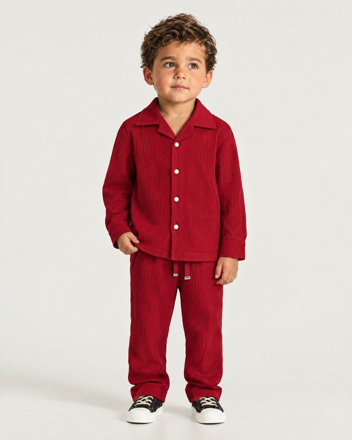 Little boy wearing the Romimi Pleat Shirt, front view