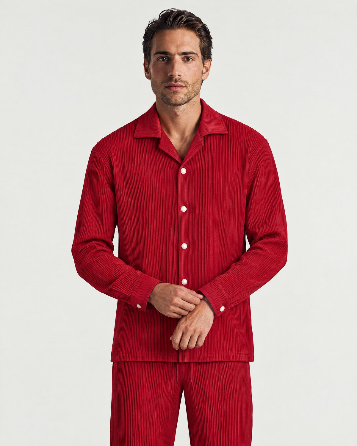 Man wearing the Romimi Pleat Shirt, front view