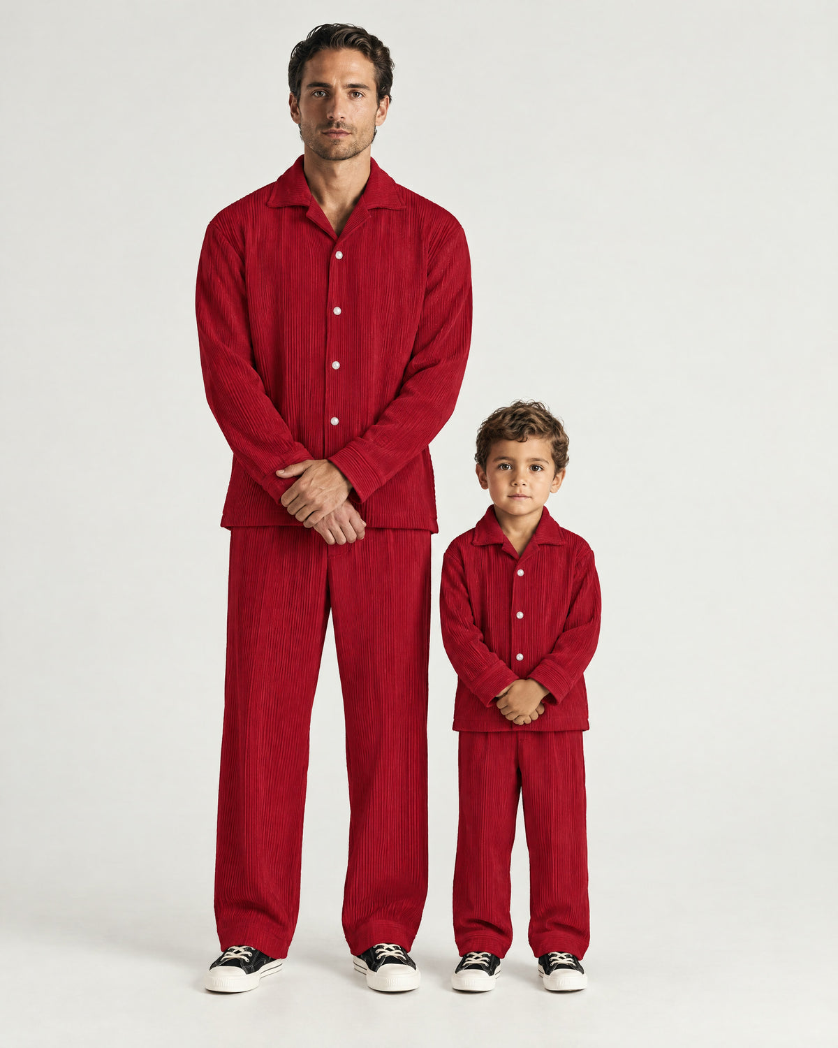 Father and son wearing the Romimi Pleat Pant