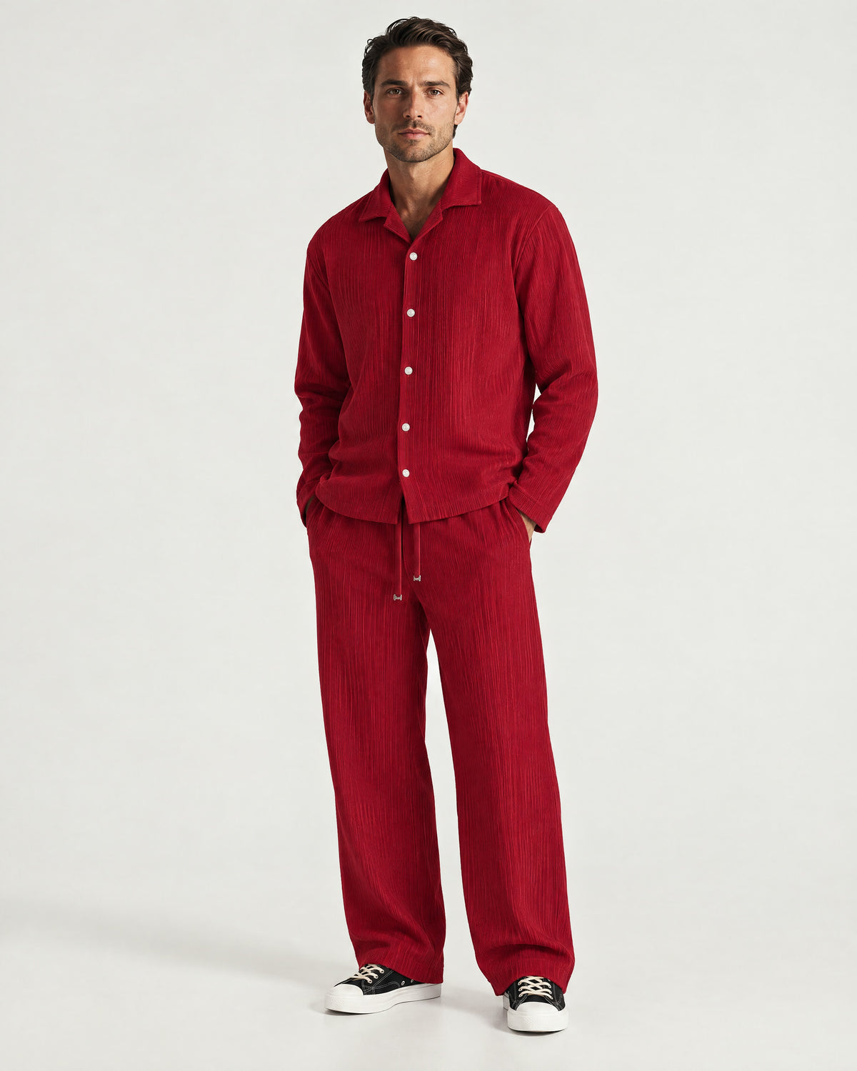 Man wearing the Romimi Pleat Pant, front view