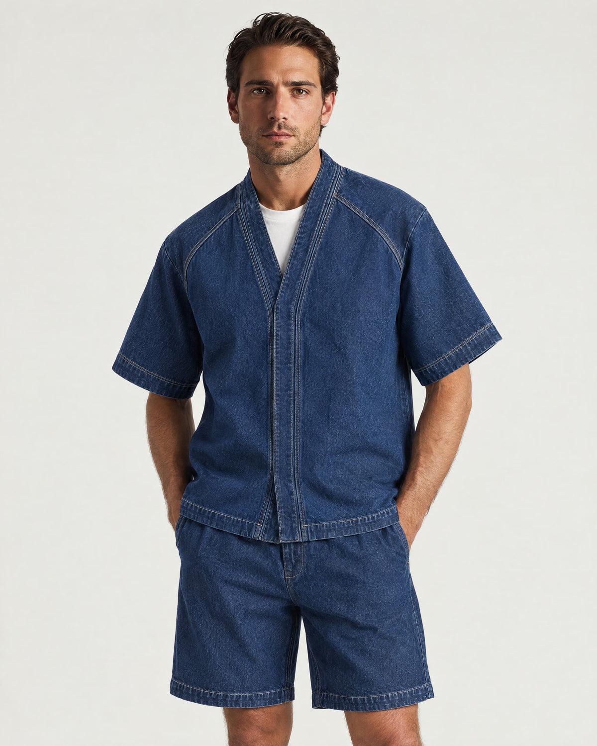 Man wearing the Romimi Léon Denim Shirt, front view