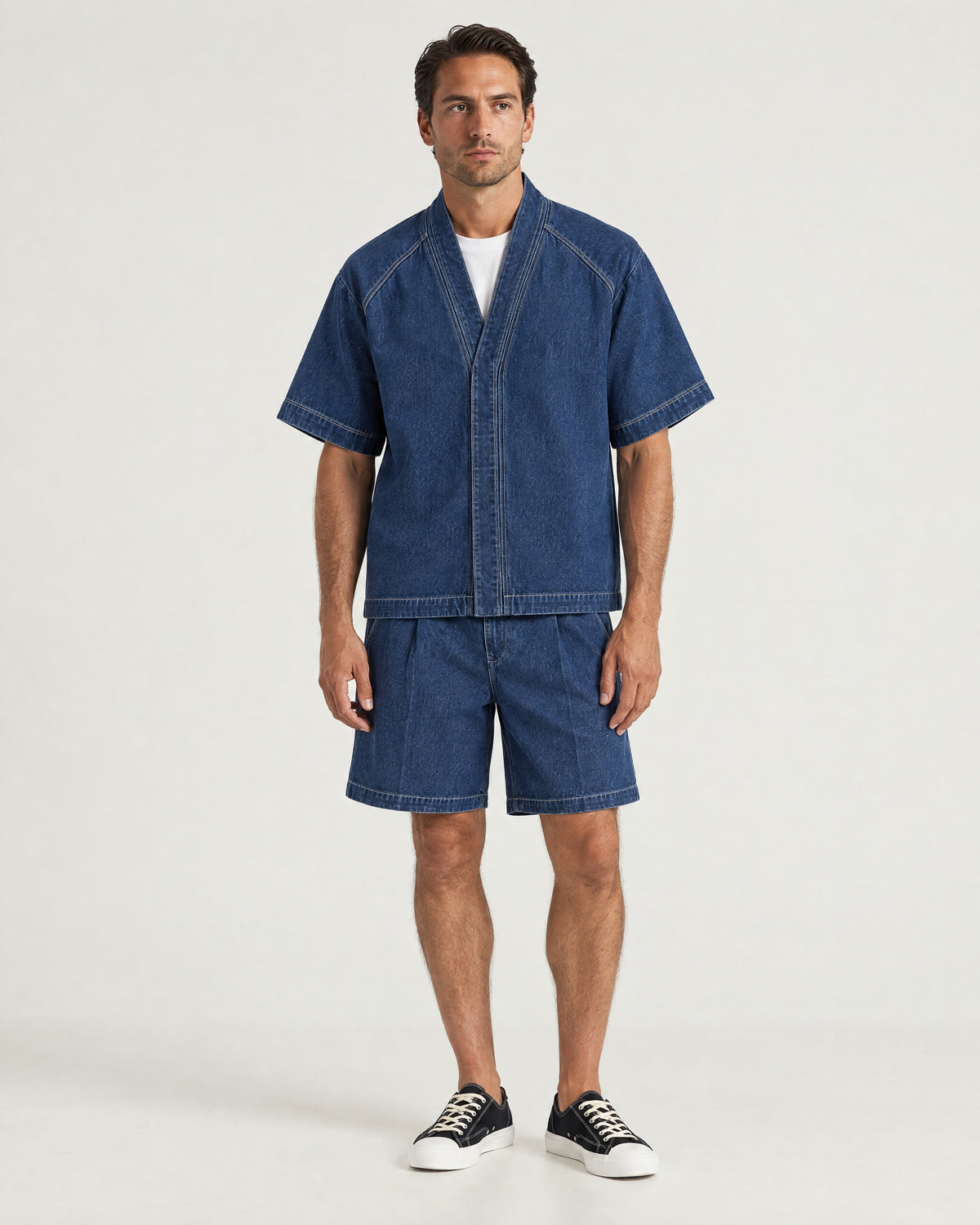 Man wearing the Romimi Léon Denim Shirt, full length