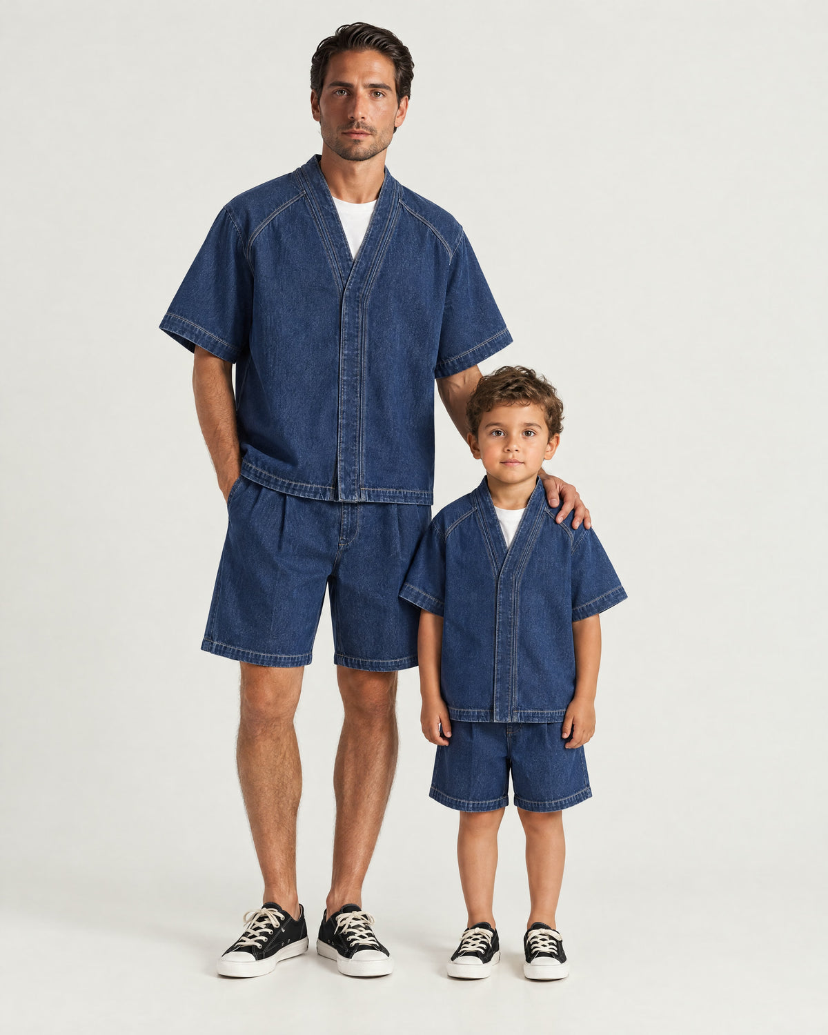 Father and son wearing the Romimi Léon Denim Short