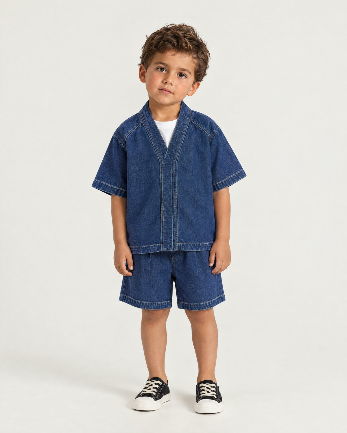 Little boy wearing the Romimi Léon Denim Short, front view