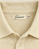 Romimi Mercerized Long Sleeve Polo in Beige, label close-up